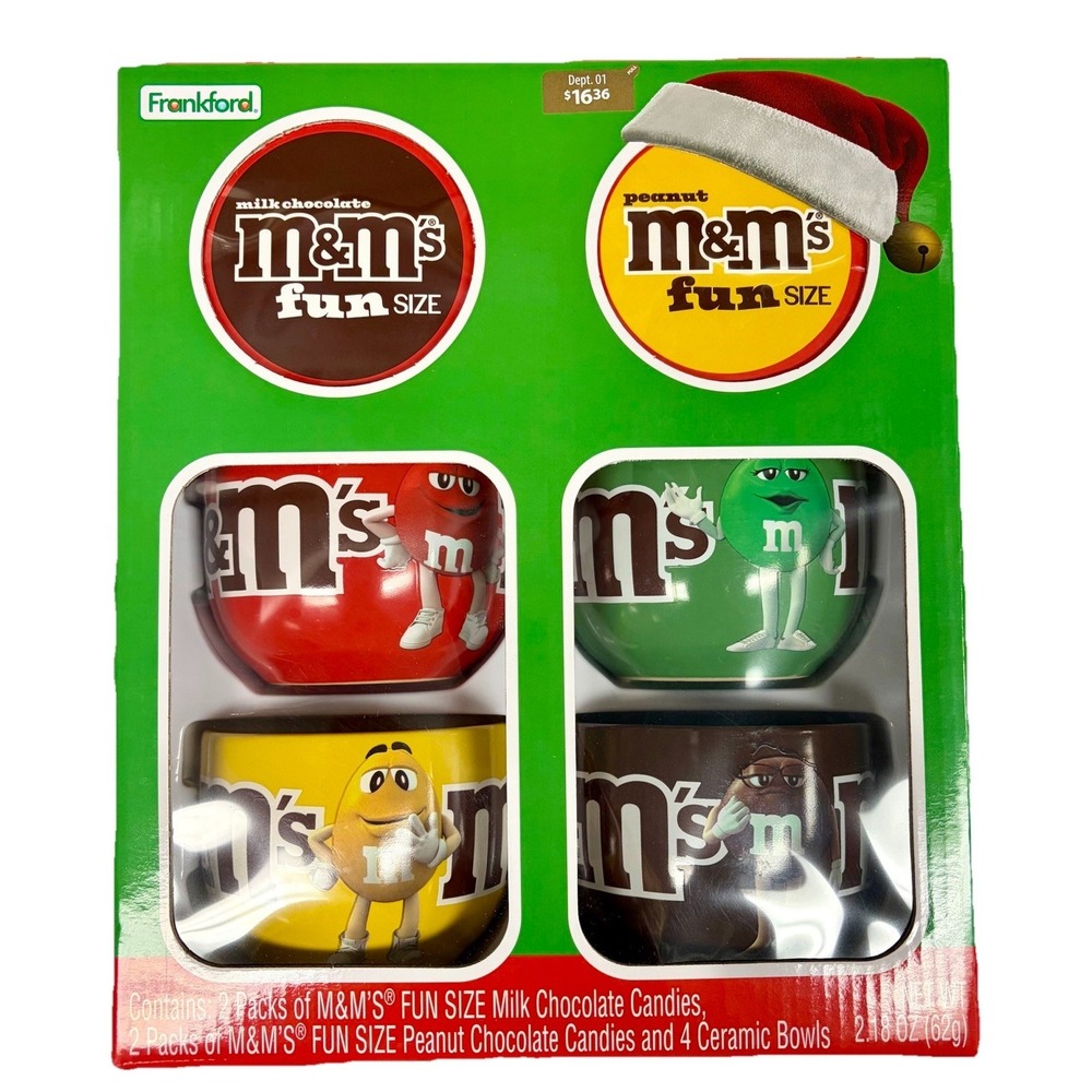 M&M 4 Ceramic Collector Bowls with M&M Candy Gift Set NEW W Bx Dmg